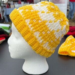Yellow and White Knitted Kids Beanie